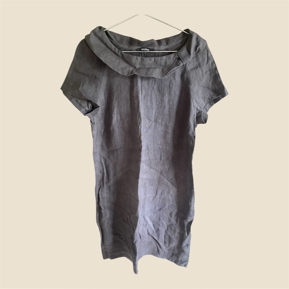 Lagenlook 100% Linen Dress L‎  Brown Collared Shift Minimalist Grunge